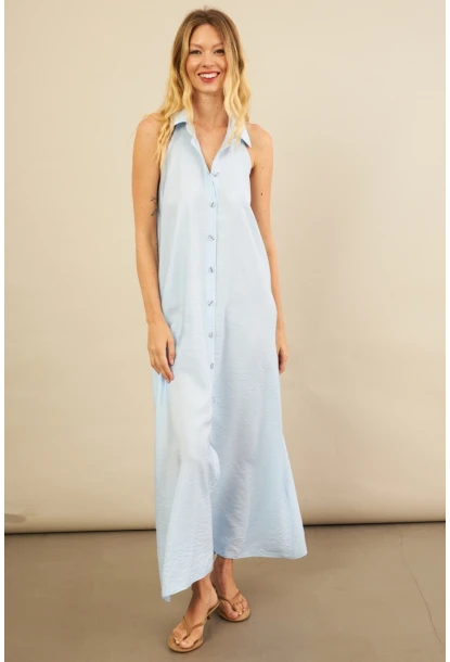 Kadın Bebe Mavi Sırtı Açık Maxi Gömlek Elbise ELN3132