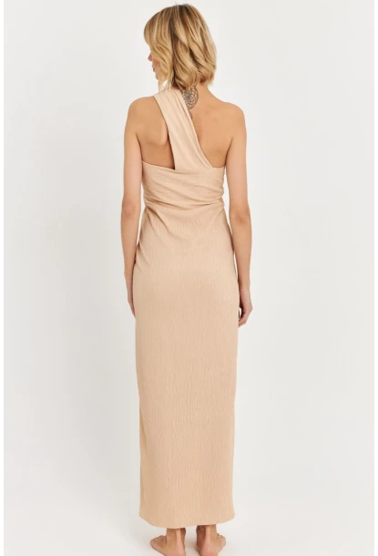 Kadın Bej Asimetrik Yaka Maxi Elbise NH25455