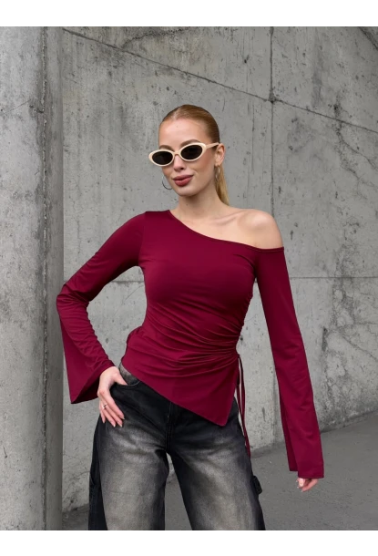 Kadın Bel Detay Kayık Yaka Uzun Kol Bordo Bluz