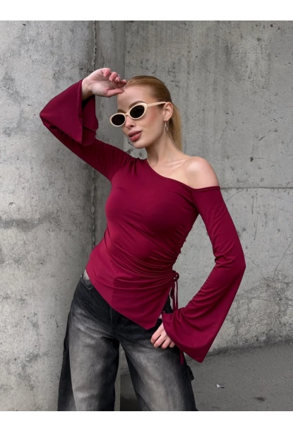 Kadın Bel Detay Kayık Yaka Uzun Kol Bordo Bluz