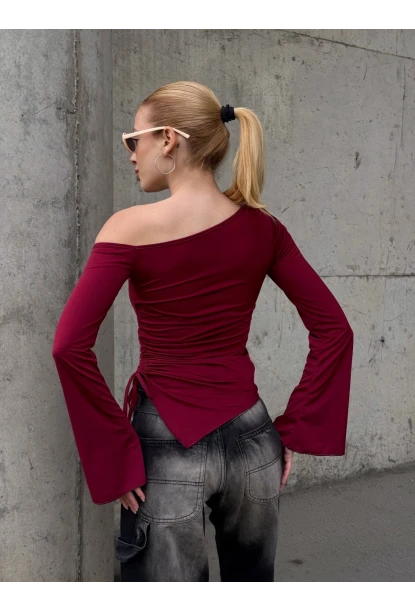 Kadın Bel Detay Kayık Yaka Uzun Kol Bordo Bluz
