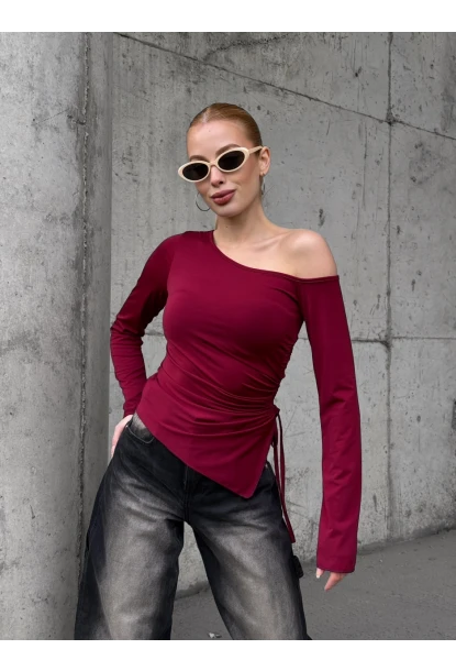 Kadın Bel Detay Kayık Yaka Uzun Kol Bordo Bluz