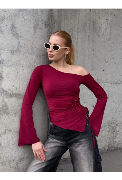 Kadın Bel Detay Kayık Yaka Uzun Kol Bordo Bluz