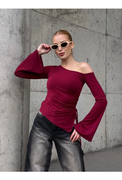Kadın Bel Detay Kayık Yaka Uzun Kol Bordo Bluz