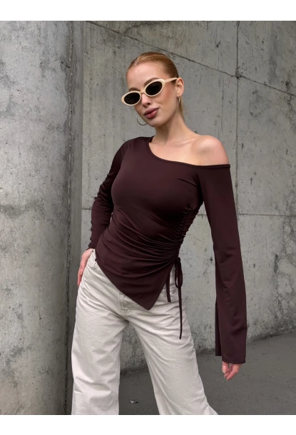 Kadın Bel Detay Kayık Yaka Uzun Kol Kahve Bluz