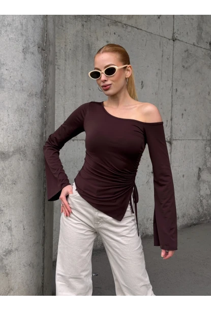 Kadın Bel Detay Kayık Yaka Uzun Kol Kahve Bluz