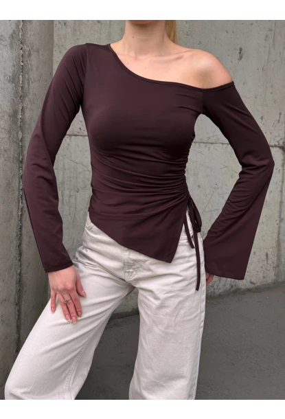 Kadın Bel Detay Kayık Yaka Uzun Kol Kahve Bluz