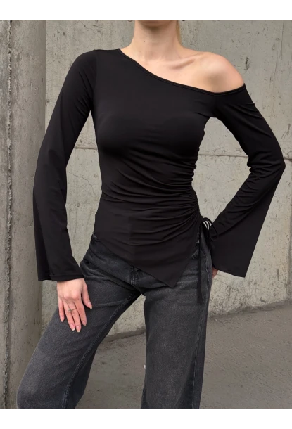 Kadın Bel Detay Kayık Yaka Uzun Kol Siyah Bluz