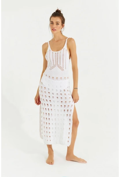 Kadın Beyaz Ajurlu Triko Maxi Elbise SF2504