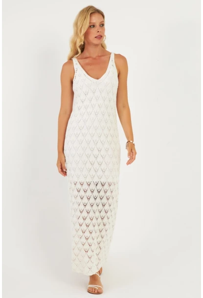 Kadın Beyaz Astarlı Triko Maxi Elbise KZ3211