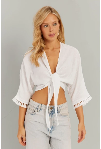 Kadın Beyaz Bağlamalı Bluz KS034