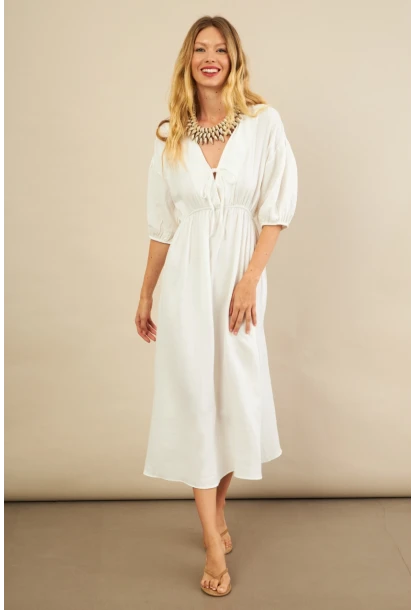 Kadın Beyaz Beli Lastikli Midi Müslin Elbise FRO1001