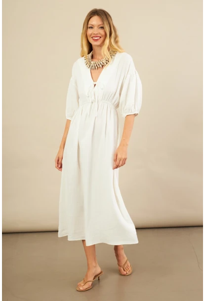Kadın Beyaz Beli Lastikli Midi Müslin Elbise FRO1001