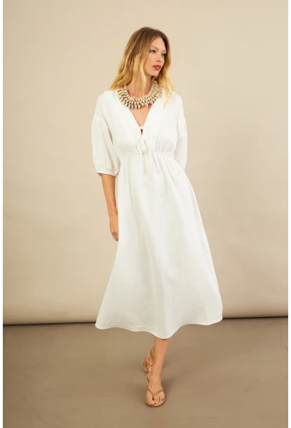 Kadın Beyaz Beli Lastikli Midi Müslin Elbise FRO1001