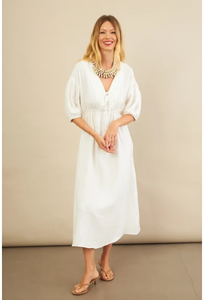 Kadın Beyaz Beli Lastikli Midi Müslin Elbise FRO1001
