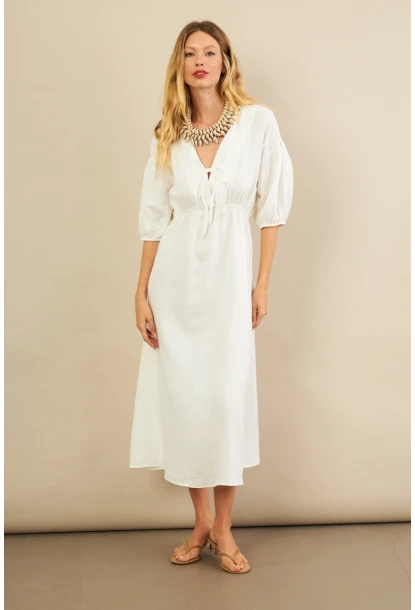 Kadın Beyaz Beli Lastikli Midi Müslin Elbise FRO1001