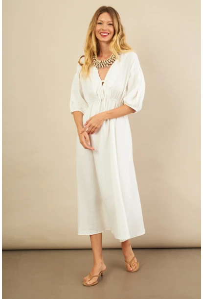 Kadın Beyaz Beli Lastikli Midi Müslin Elbise FRO1001