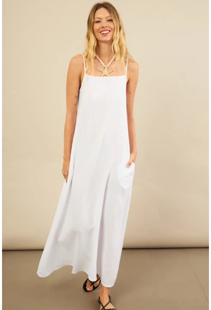 Kadın Beyaz Cepli İp Askılı Midi Müslin Elbise BTY100