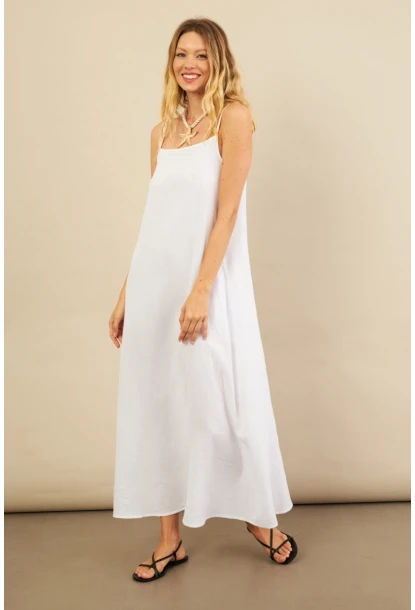 Kadın Beyaz Cepli İp Askılı Midi Müslin Elbise BTY100