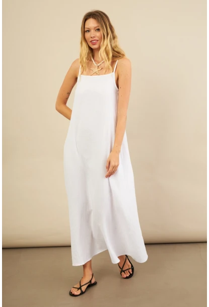 Kadın Beyaz Cepli İp Askılı Midi Müslin Elbise BTY100