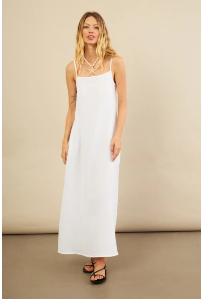 Kadın Beyaz Cepli İp Askılı Midi Müslin Elbise BTY100