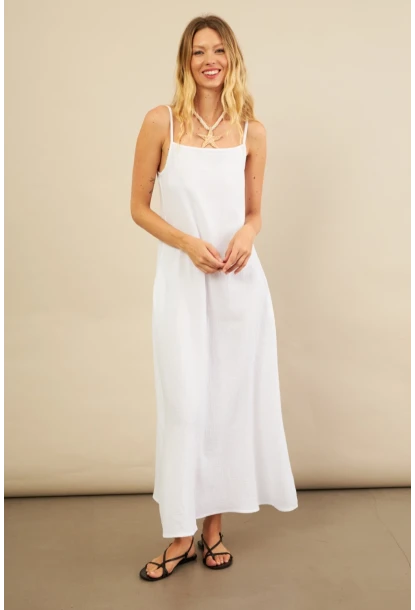 Kadın Beyaz Cepli İp Askılı Midi Müslin Elbise BTY100