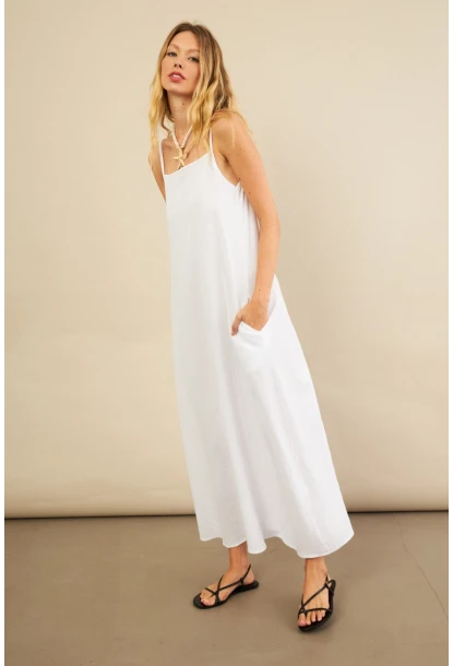 Kadın Beyaz Cepli İp Askılı Midi Müslin Elbise BTY100