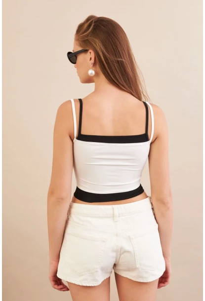 Kadın Beyaz Color Block Askılı Crop Bluz AN8082