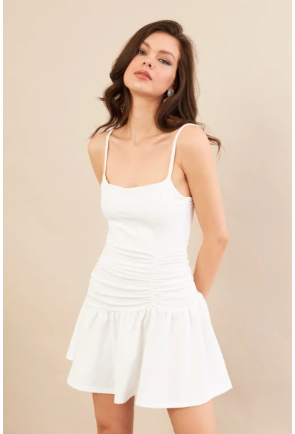 Kadın Beyaz Drapeli Mini Elbise DCF080