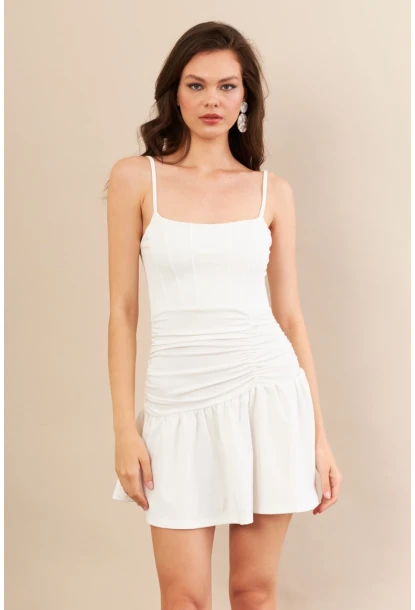 Kadın Beyaz Drapeli Mini Elbise DCF080