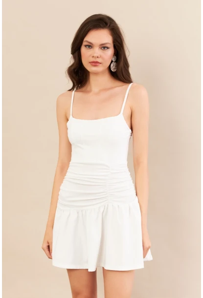 Kadın Beyaz Drapeli Mini Elbise DCF080
