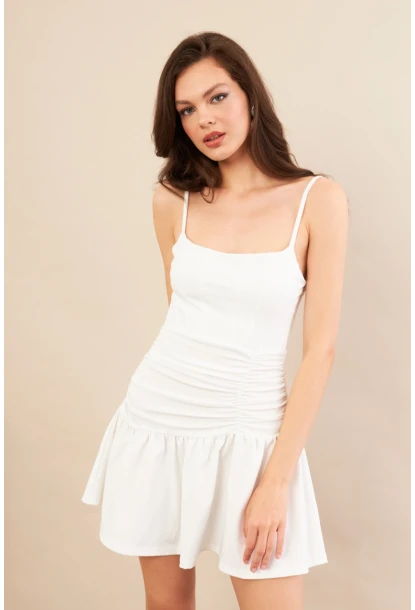 Kadın Beyaz Drapeli Mini Elbise DCF080
