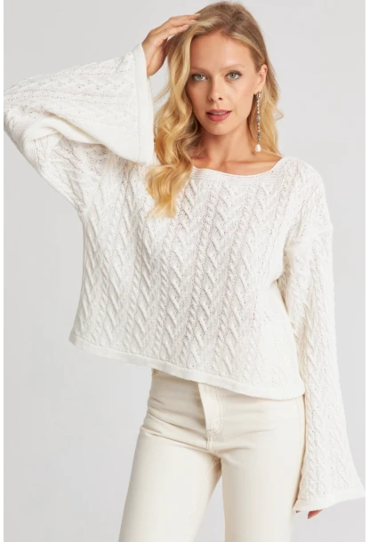Kadın Beyaz İspanyol Kol Ajurlu İnce Triko Kazak YV214-90