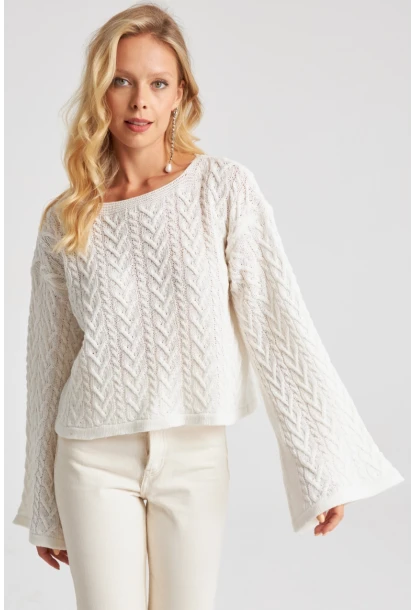 Kadın Beyaz İspanyol Kol Ajurlu İnce Triko Kazak YV214-90