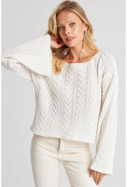 Kadın Beyaz İspanyol Kol Ajurlu İnce Triko Kazak YV214-90