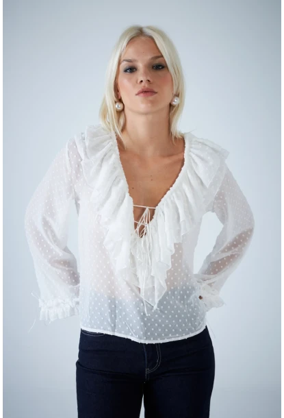 Kadın Beyaz Kendinden Desenli Fırfırlı Transparan Bluz FRO0058