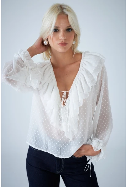 Kadın Beyaz Kendinden Desenli Fırfırlı Transparan Bluz FRO0058