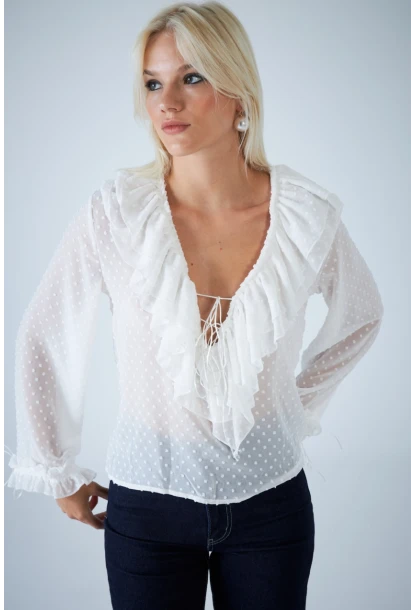 Kadın Beyaz Kendinden Desenli Fırfırlı Transparan Bluz FRO0058