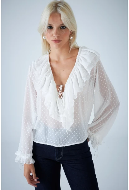 Kadın Beyaz Kendinden Desenli Fırfırlı Transparan Bluz FRO0058