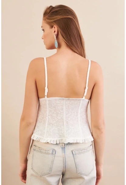 Kadın Beyaz Kendinden Desenli Tül Bluz KED7329