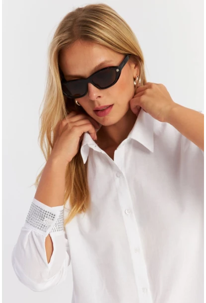 Kadın Beyaz Manşeti Taşlı Gömlek ZER415