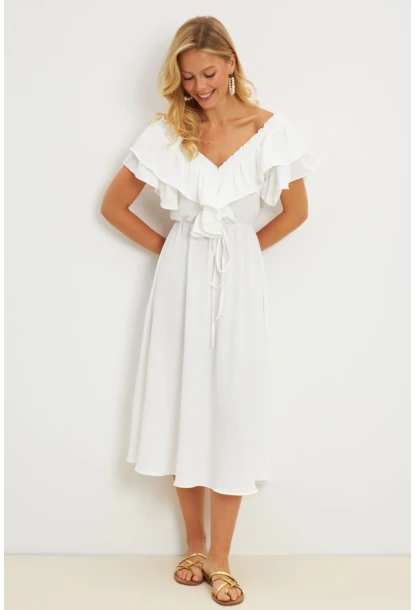 Kadın Beyaz Ön Arka V Volanlı Elbise KS113