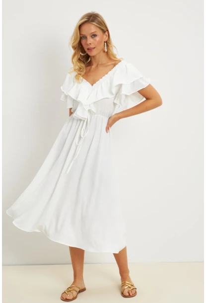 Kadın Beyaz Ön Arka V Volanlı Elbise KS113