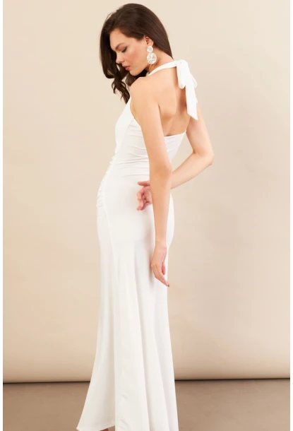 Kadın Beyaz Sırtı Açık Boyun Bağlamalı Maxi Elbise DCF061
