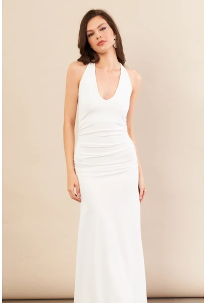 Kadın Beyaz Sırtı Açık Boyun Bağlamalı Maxi Elbise DCF061