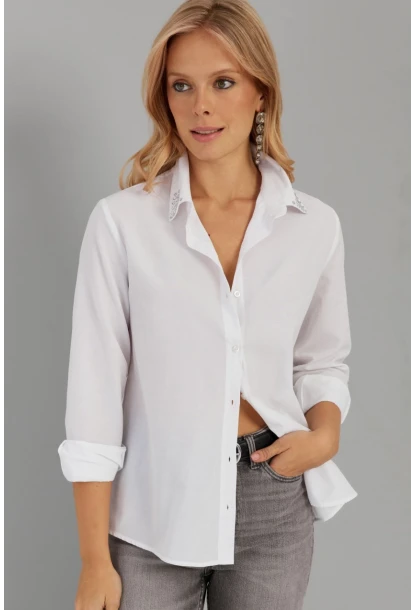 Kadın Beyaz Taş Detaylı Gömlek ZER402