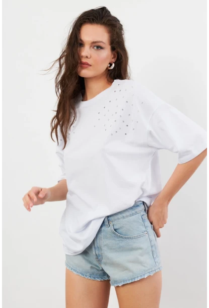 Kadın Beyaz Taşlı Salaş T-Shirt TF86