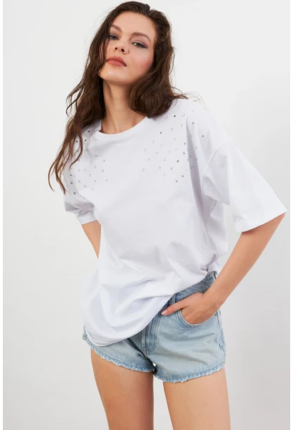 Kadın Beyaz Taşlı Salaş T-Shirt TF86