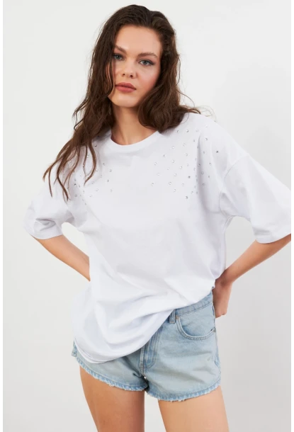 Kadın Beyaz Taşlı Salaş T-Shirt TF86