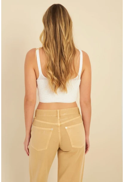 Kadın Beyaz Triko Crop Bluz KZ2507